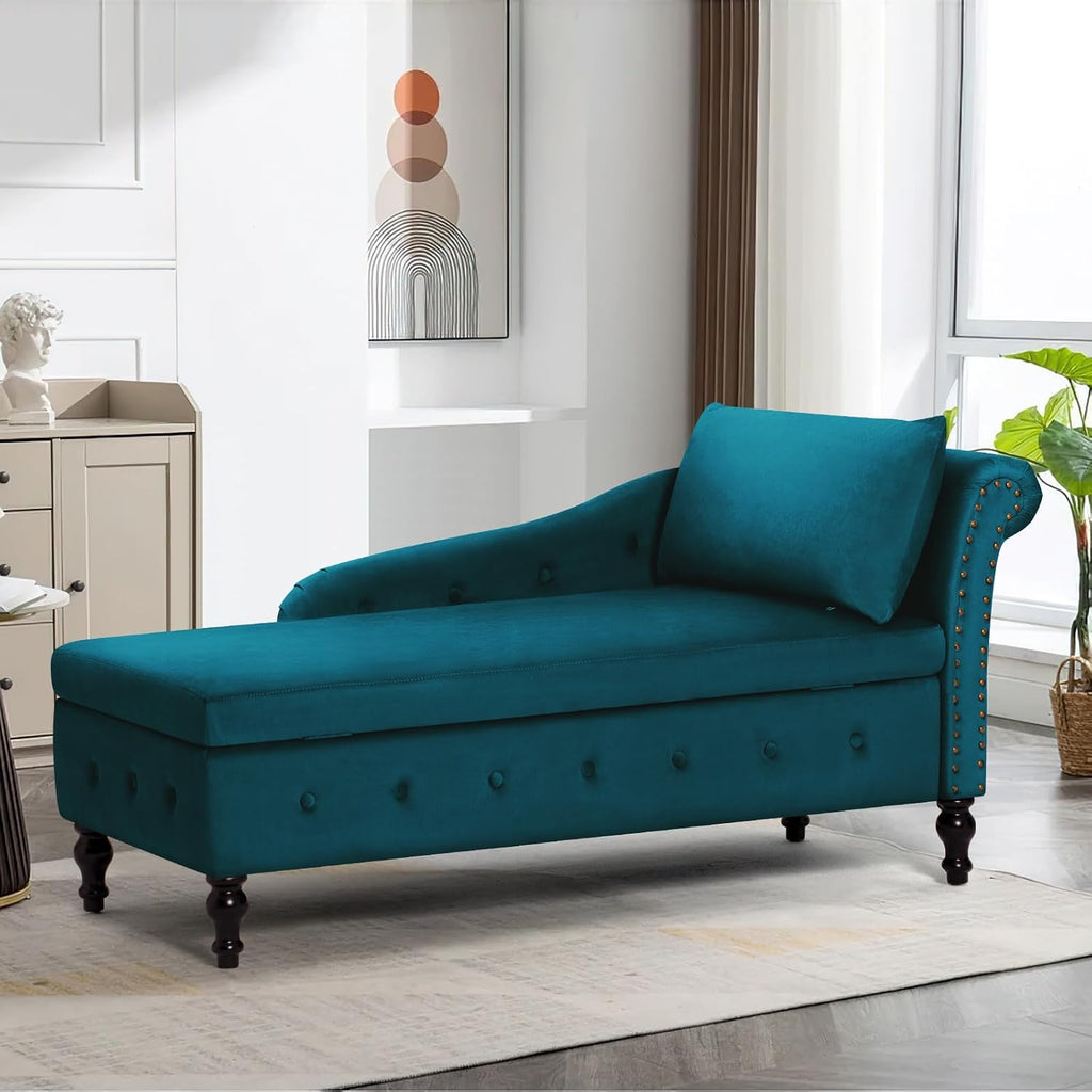 Velvet Chaise Lounge w/Right Armrest & Storage Space, Teal
