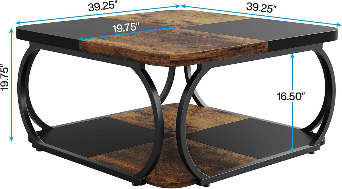 Tribesigns Square Coffee Table with 2 Tiers, 40 inches Low Farmhouse Coffee Table with Wood Storage Shelf Heavy Duty Metal Curved Frame for Modern Living Room, Black Rustic Brown