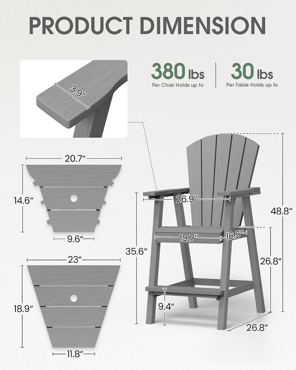 Tall Adirondack Chairs Set of 2 with Double Removable Trays, Grey