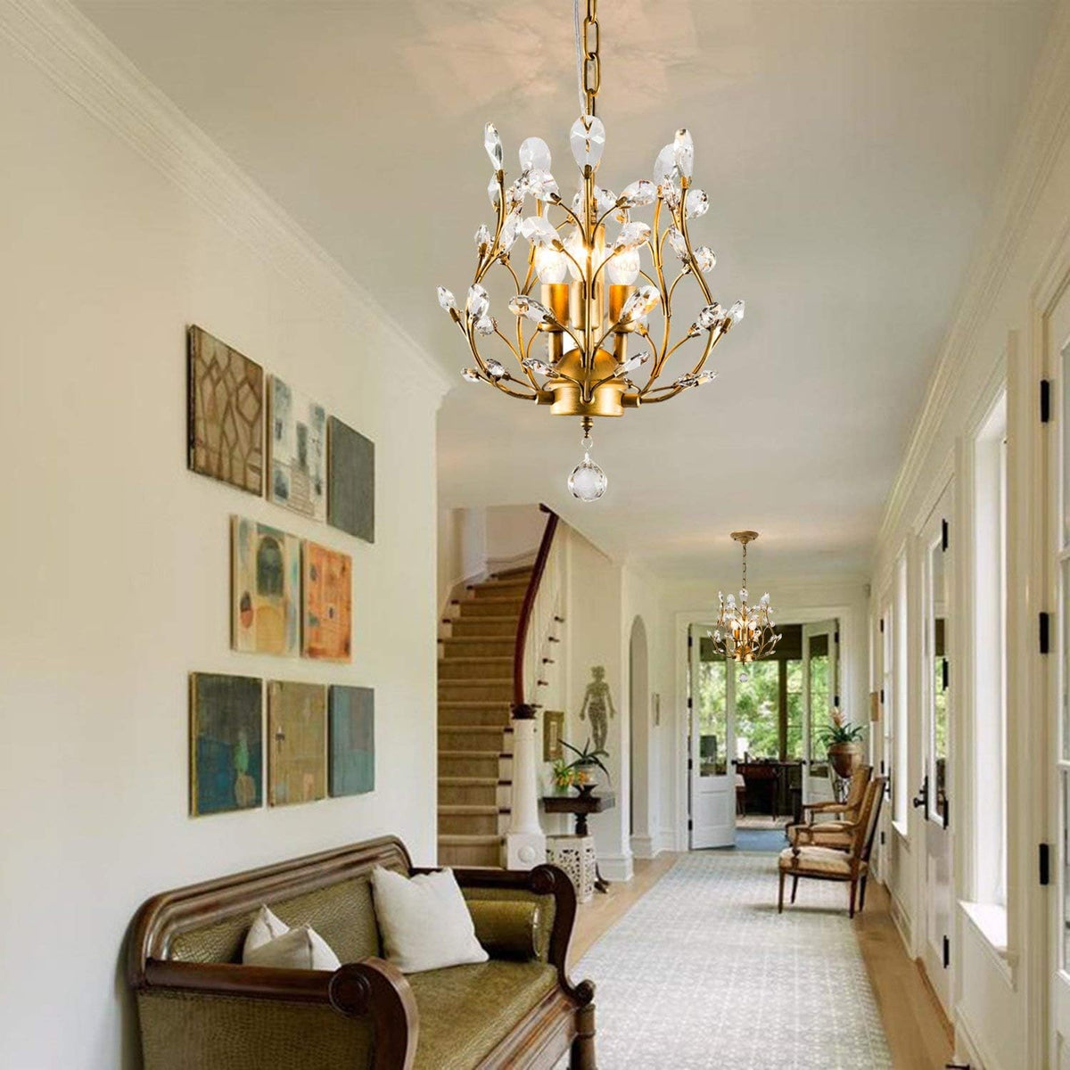 Garwarm 3-Light Gold Crystal Chandelier, Small Chandelier Pendant Light