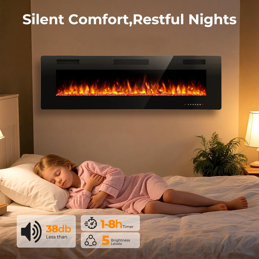 50" Electric Fireplace Recessed and Wall Mounted, 750/1500W Ultra-Thin Electric Fireplace Heater with Adjustable Flame Color and Brightness, Low Noise, Linear Fireplace for Living Room