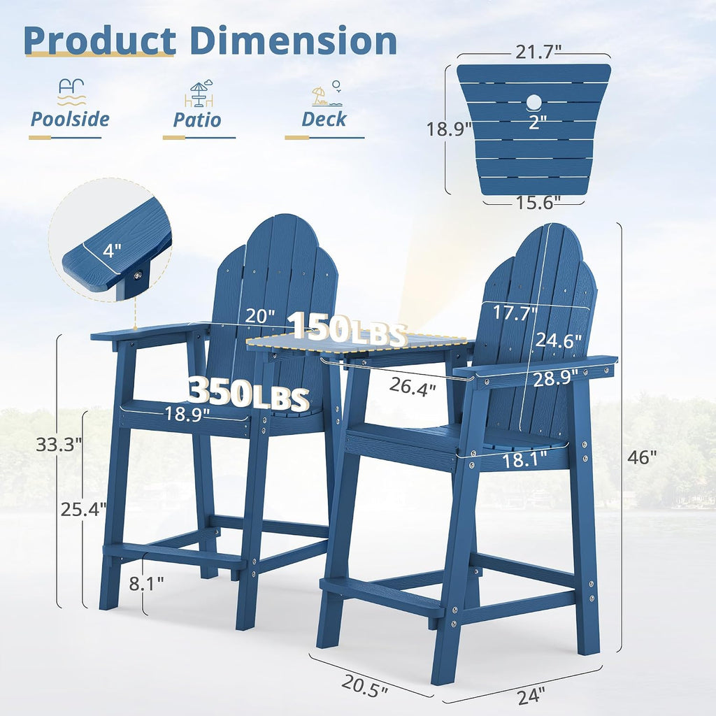 LUE BONA Tall Adirondack Chair Set of 2, HDPS Bar Height Chairs, Navy Blue