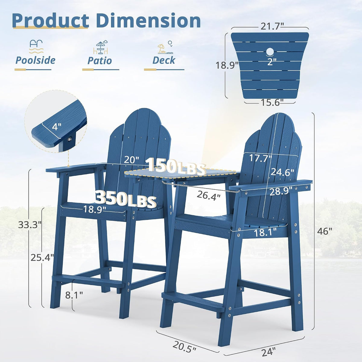 LUE BONA Tall Adirondack Chair Set of 2, HDPS Bar Height Chairs, Navy Blue