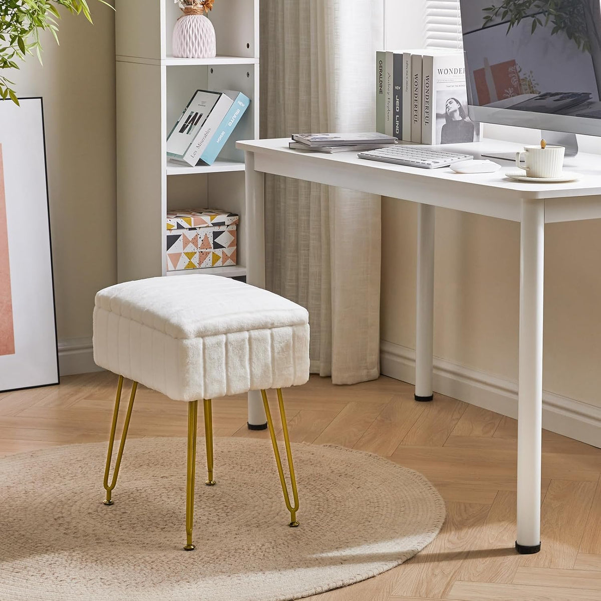 IBUYKE Vanity Chair with Storage, Faux Fur Footrest Ottoman, White LG-50W