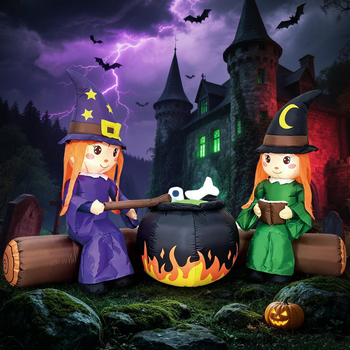 DomKom 6FT Halloween Inflatable Blow Up Decorations, Cute Witches with Cauldron Over Campfire, Built-in LEDs for Holiday Party, Garden, Lawn, Yard, Patio Décor