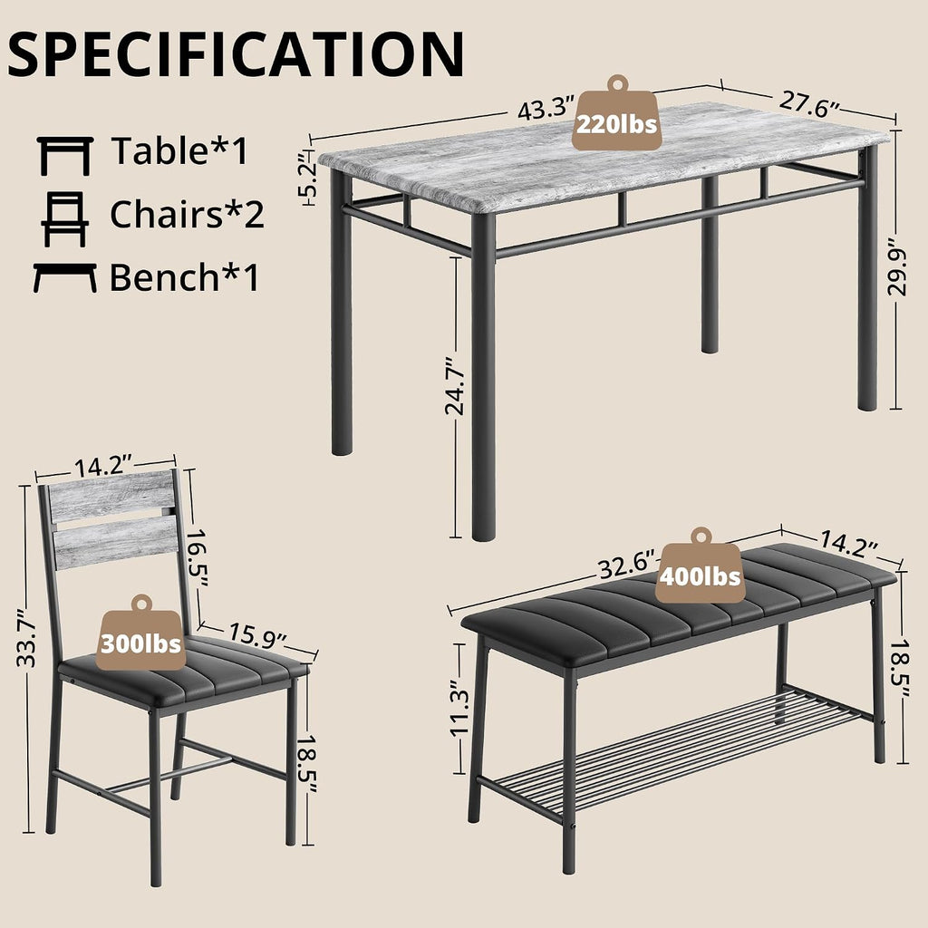 IRONCK Dining Table Set for 4, Kitchen Table and Chairs Set, Gray