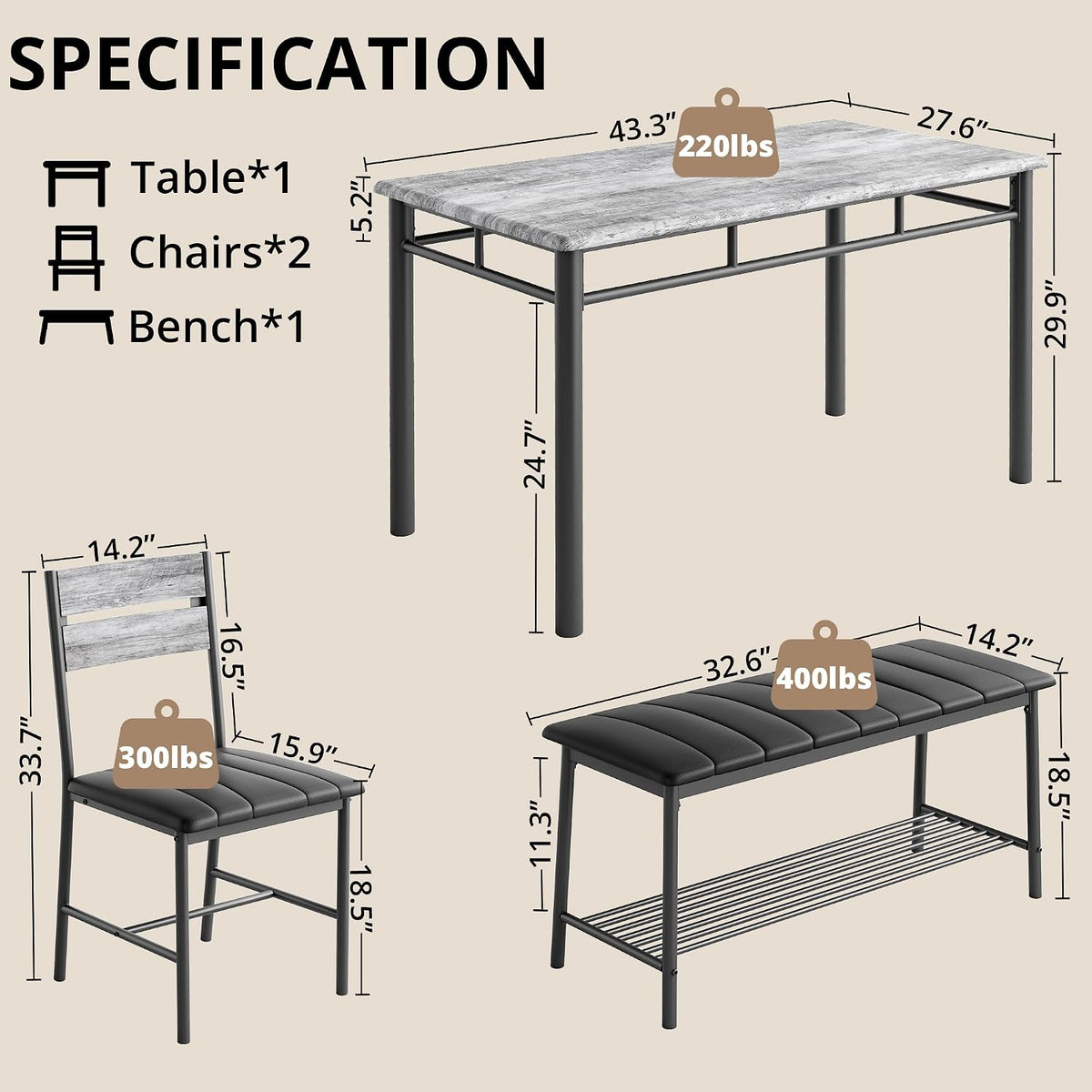 IRONCK Dining Table Set for 4, Kitchen Table and Chairs Set, Gray
