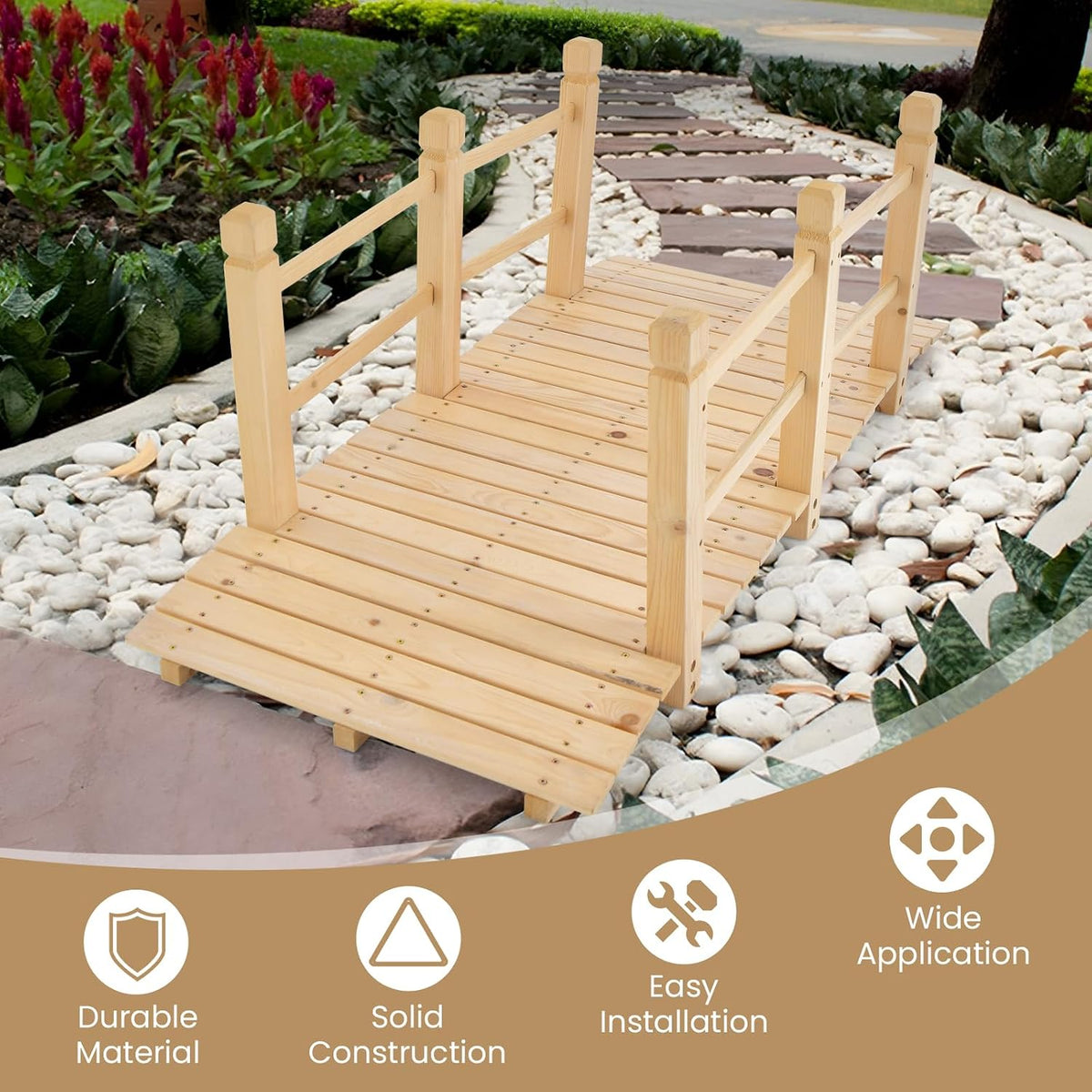 HAPPYGRILL 5FT Wooden Garden Bridge with Double Safety Railings