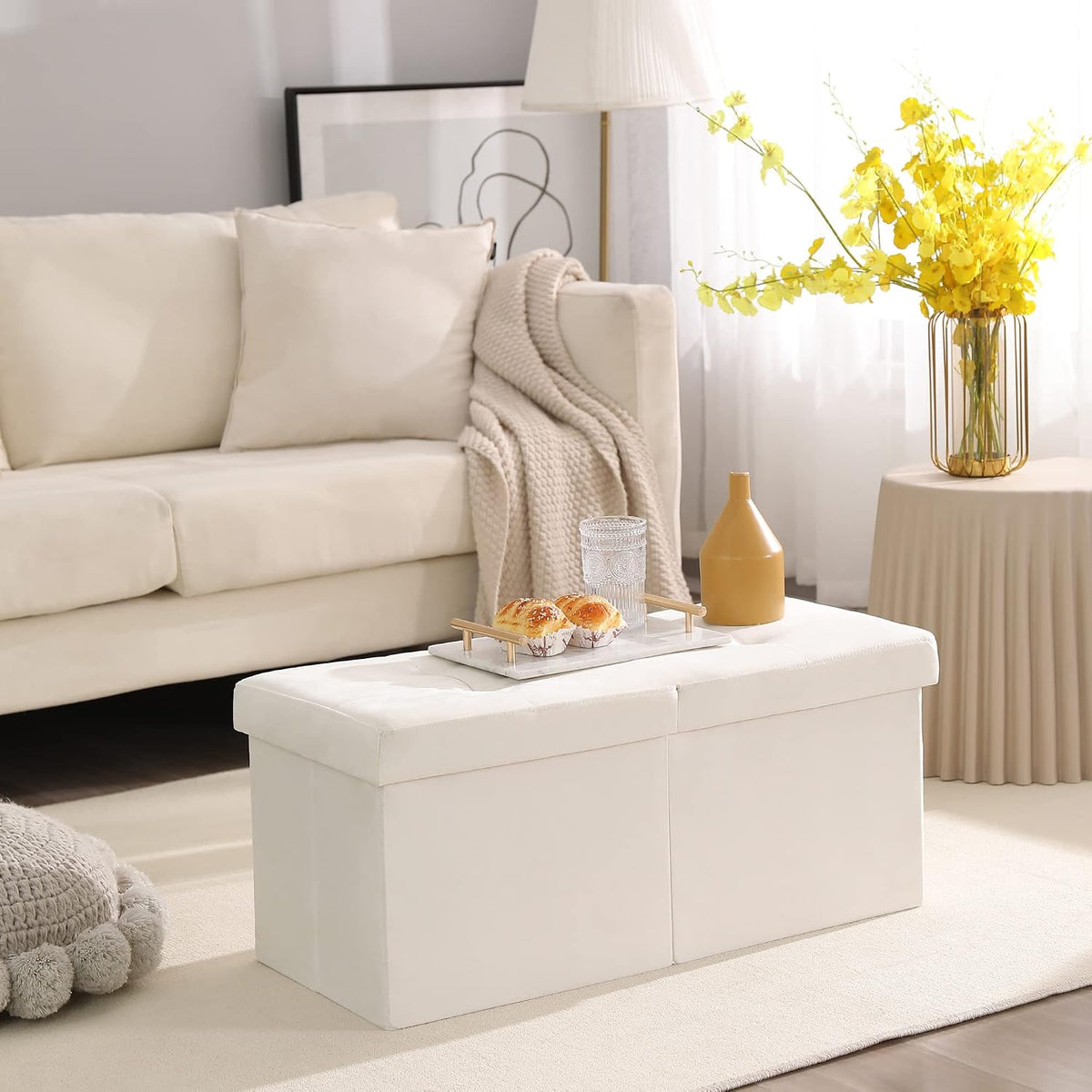 Storage Ottoman Bench Foldable Footrest Foot Stool, 30" Velvet Cream