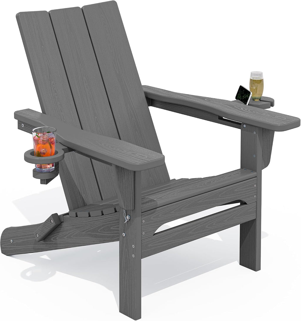 SERWALL HDPE Modern Folding Adirondack Chair with Dual Cup Holder, Gray