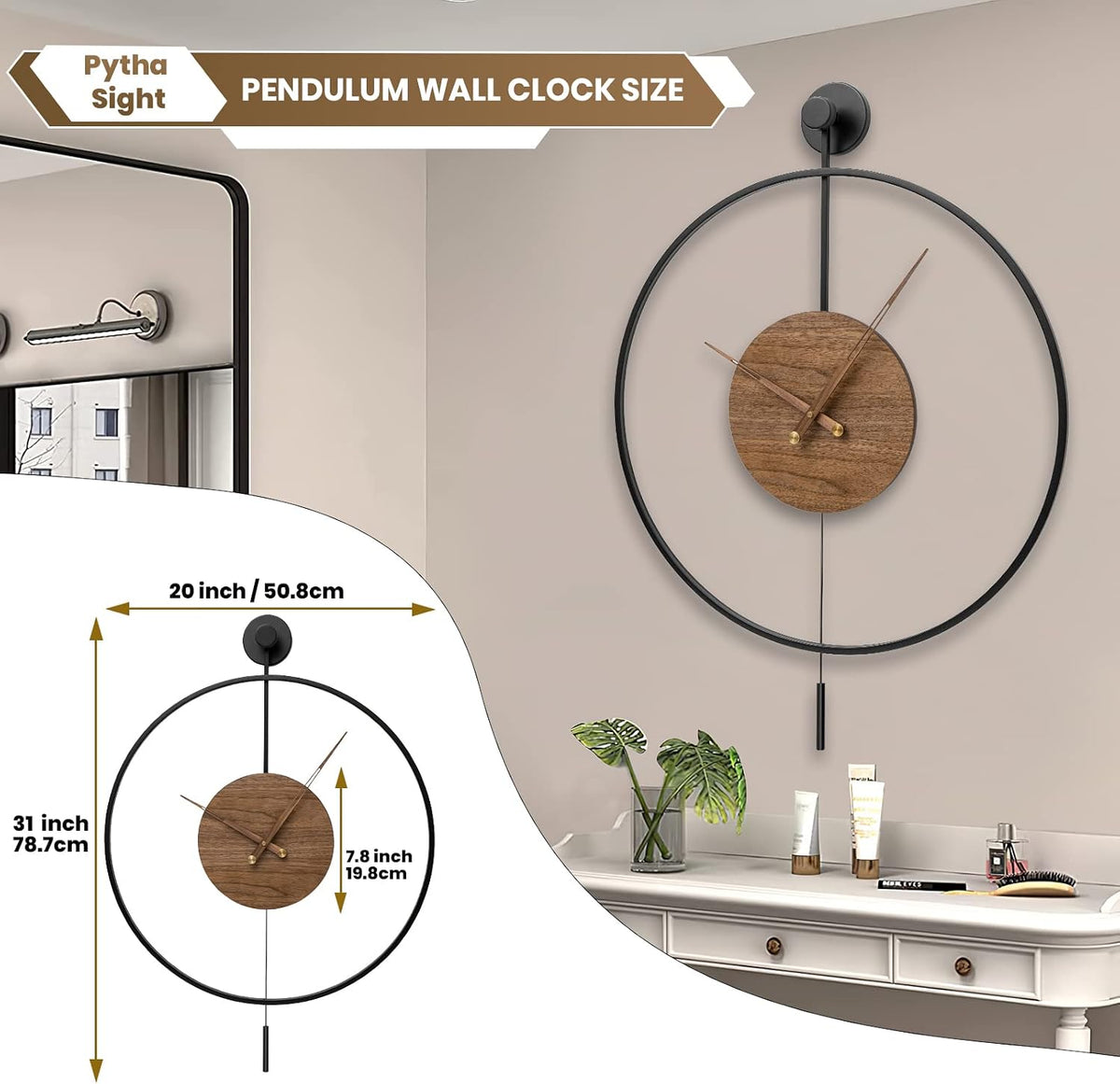 Pytha Sight 30.7×20 Inch Large Modern Decorative Walnut Pendulum Wall Clock