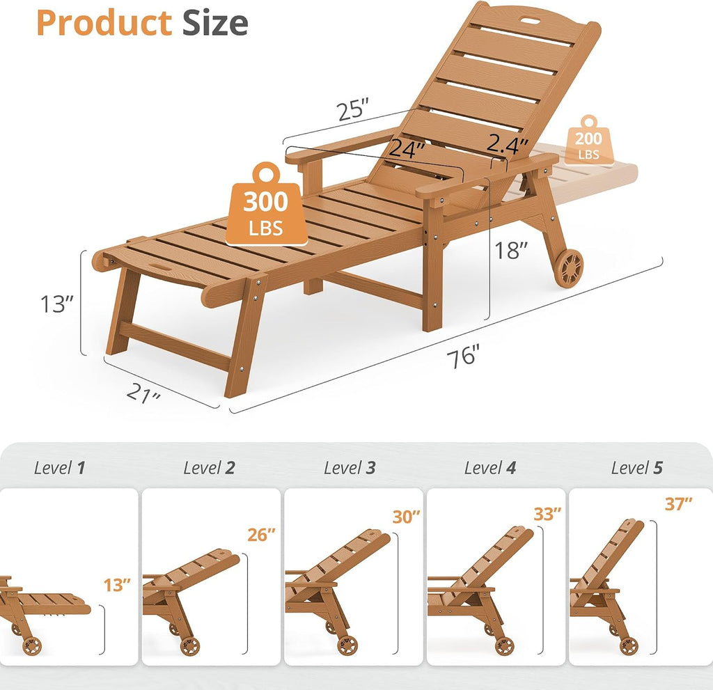 LUE BONA Outdoor Chaise Lounge, 5‑Position, Teak Color