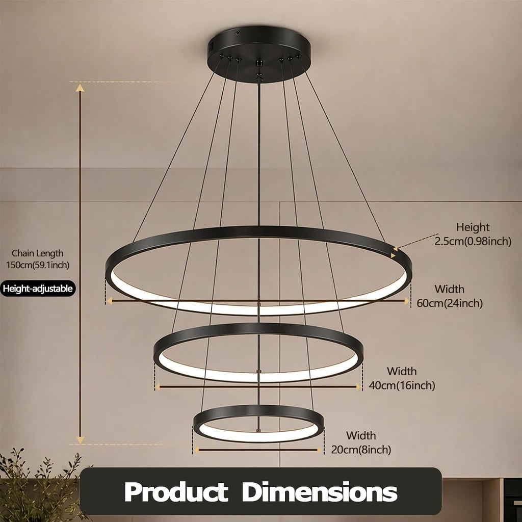LightInTheBox Modern LED Chandelier 3 Ring Chandelier Dimmable Circular Dining Ceiling Pendant Light for Dinning Room Living Room 60+40+20cm (Black; Light Source: Stepless Dimming)