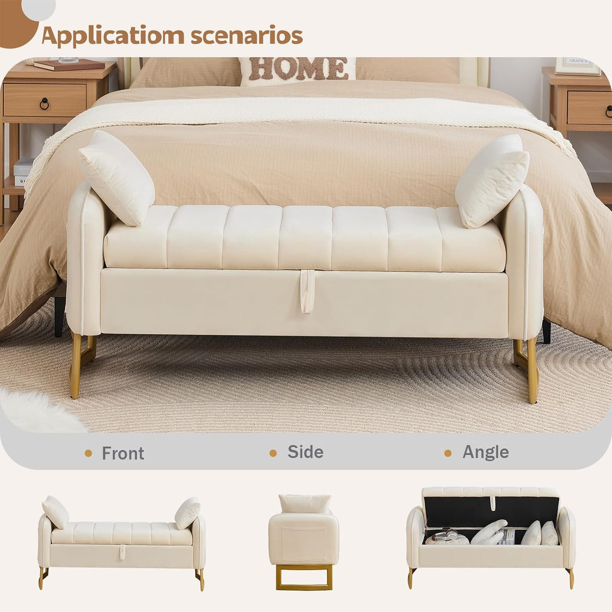 End of Bed Storage Bench, 51'' Storage Ottoman Benches for Bedroom, Cream