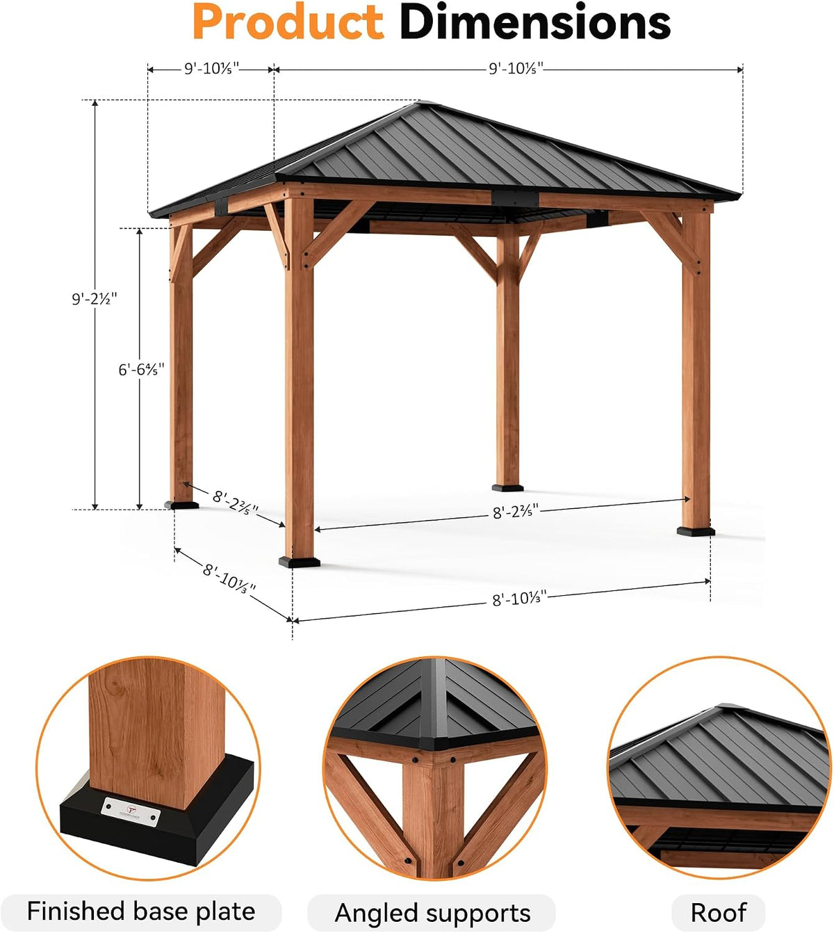 Modern Shade Permanent Wood Gazebo 10x10 with Galvanized Steel Roof