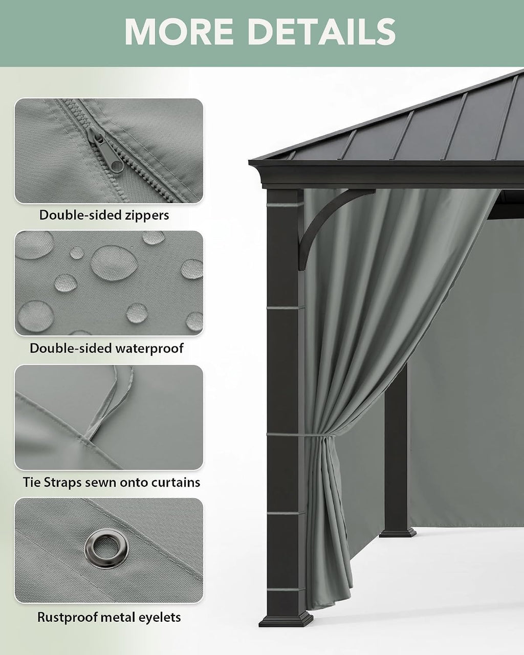 Patio Curtains Outdoor Waterproof with Zipper, 4-Panel, Grey