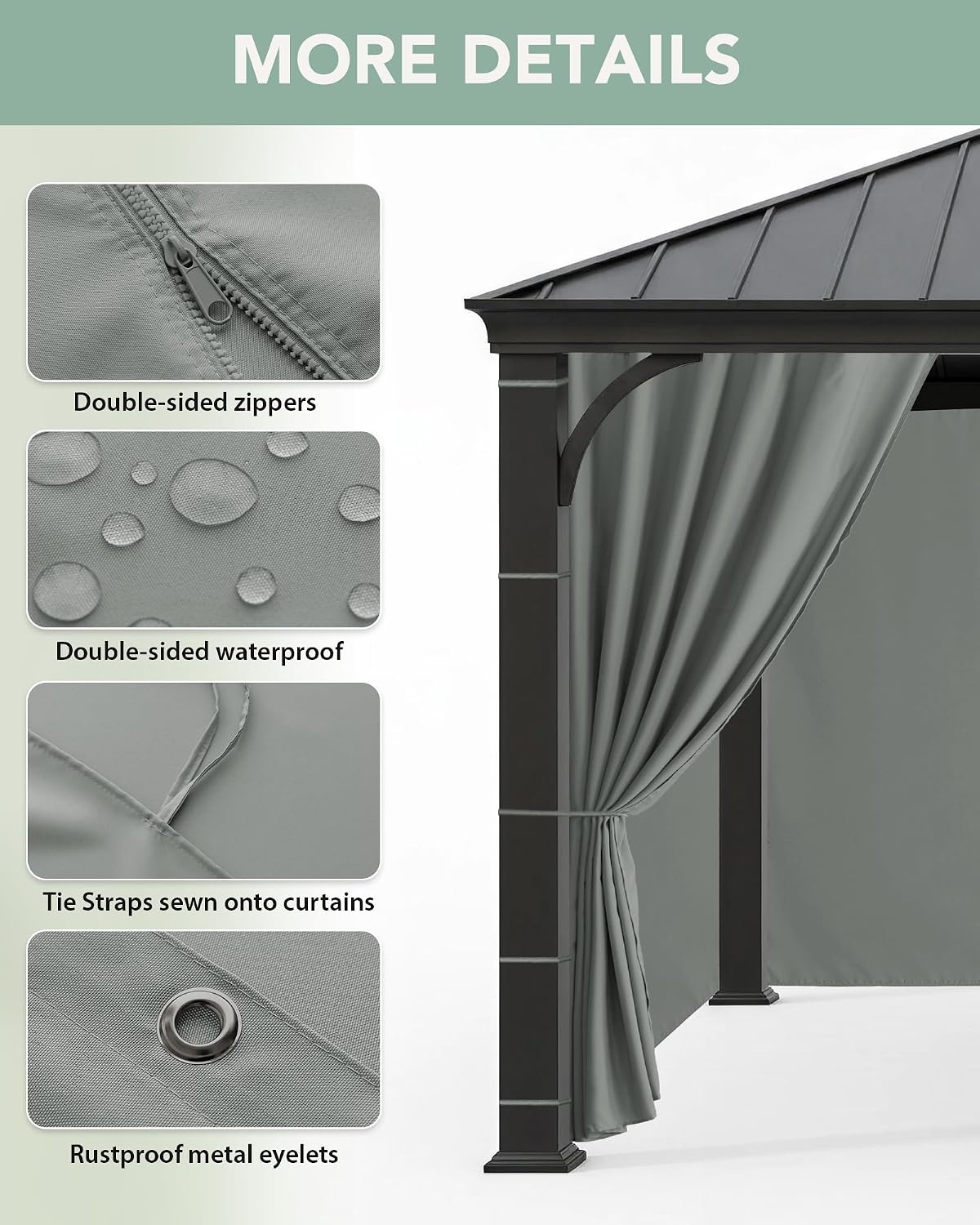 Patio Curtains Outdoor Waterproof with Zipper, 4-Panel, Grey