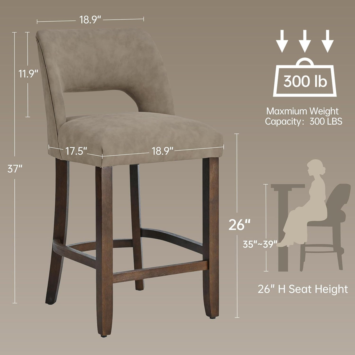 VKNOW 26" Faux Leather Counter Height Bar Stools Set of 4 with Open Back