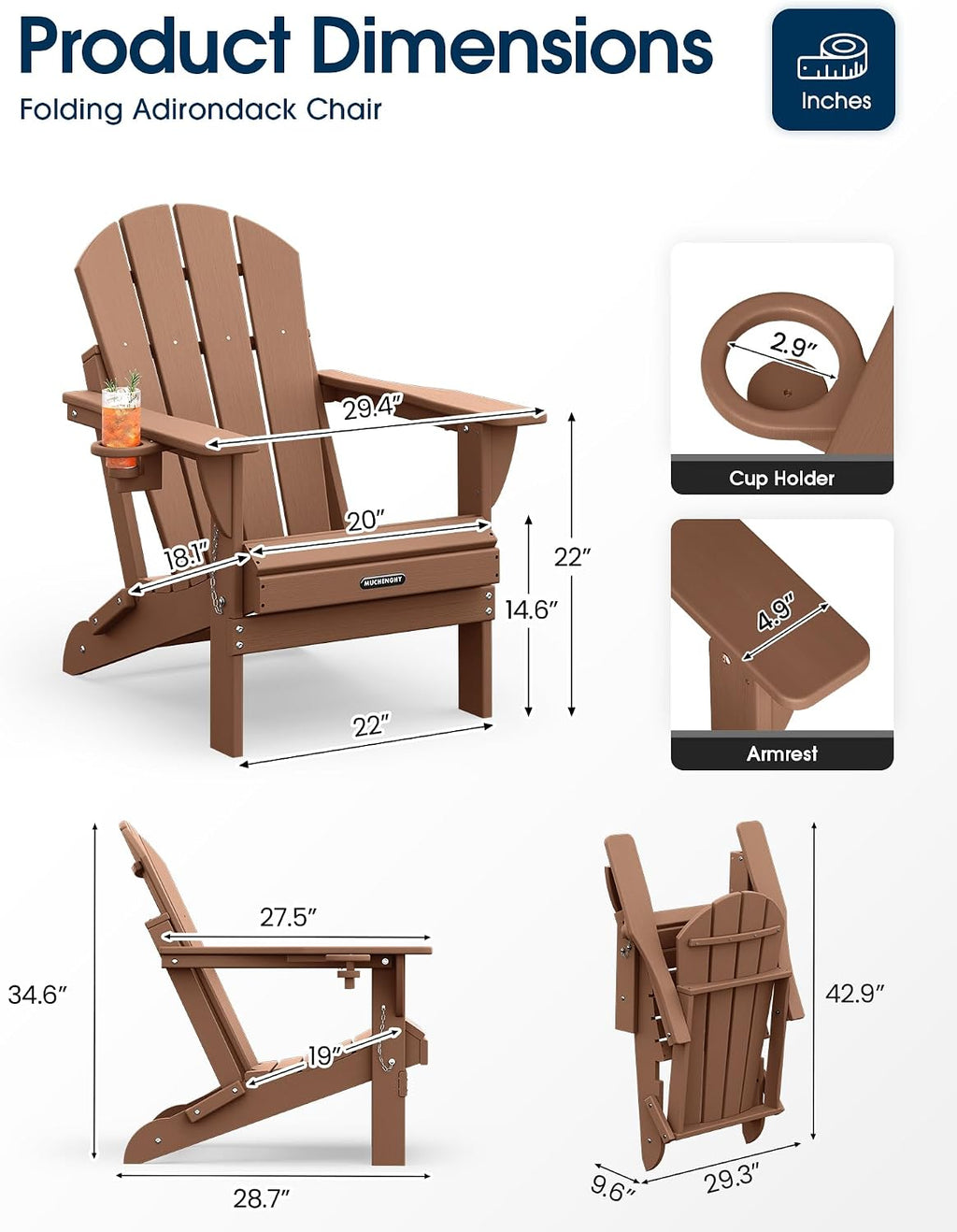 MUCHENGHY Folding Adirondack Chairs, Patio Chairs, Lawn Chairs, Outdoor Chair, Adirondack Chair Plastic, Fire Pit Chairs, Weather Resistant with Cup Holder for Deck, Backyard, Garden(Teak)