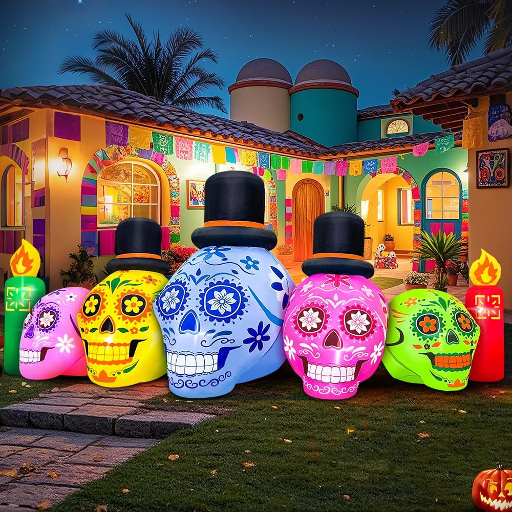 7FT Halloween Inflatable Blow Up Decorations, Dia de Los Muertos Decorations, Day of Dead Inflatable Sugar Skull Dia de Los Muertos, Built-in LEDs for Holiday Party, Garden, Lawn, Yard, Patio Décor