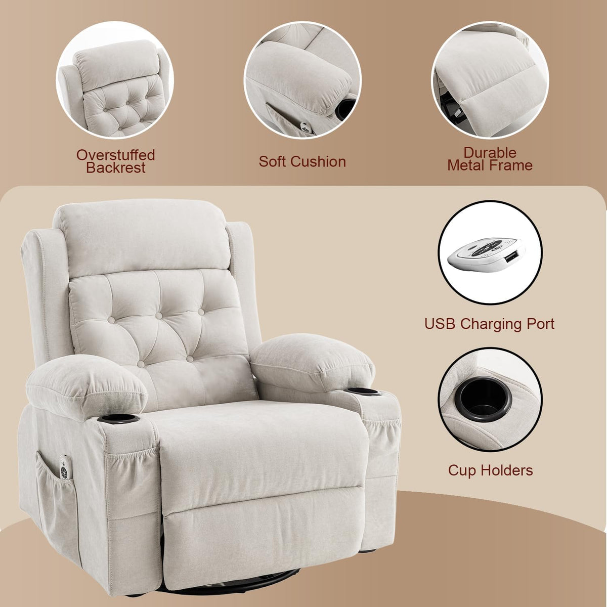 Rocker Recliner Chair with Massage and Heat, White
