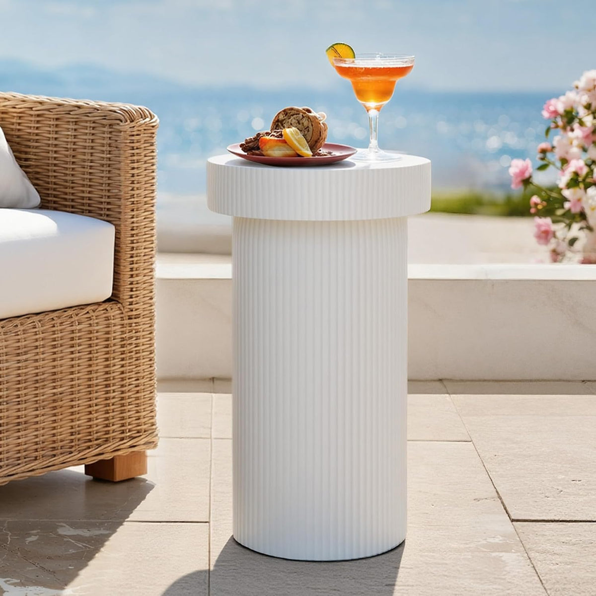 24" Pedestal Side Table, Round Fluted 3-in-1 Coffee Accent Table