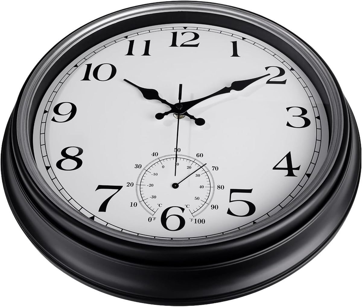 JoFomp Large Waterproof Outdoor Clock with Thermometer Combo - 16 inch Silent Non Ticking Quartz Battery Operated Wall Clock for Patio, Home, Pool, Garden, Porch, Deck (Silver, 16 Inch)