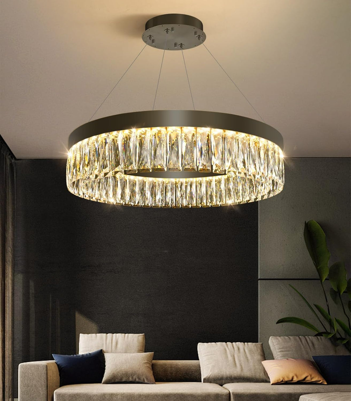 23.6" 1 Ring Modern LED Dimmable Ring Chandelier Adjustable Round Crystal Chandelier for Dining Room Living Room Black