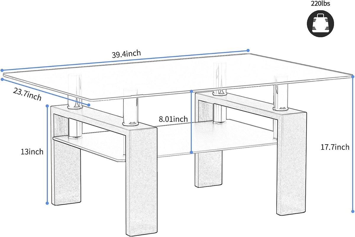 IANIYA Glass Coffee Table Metal Tube Glass Coffee Table, Livingroom Table (Clear)
