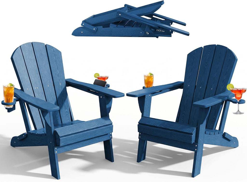 PLUUV Folding Adirondack Fire Pit Chairs Set of 2 with Cup Holders,Navy