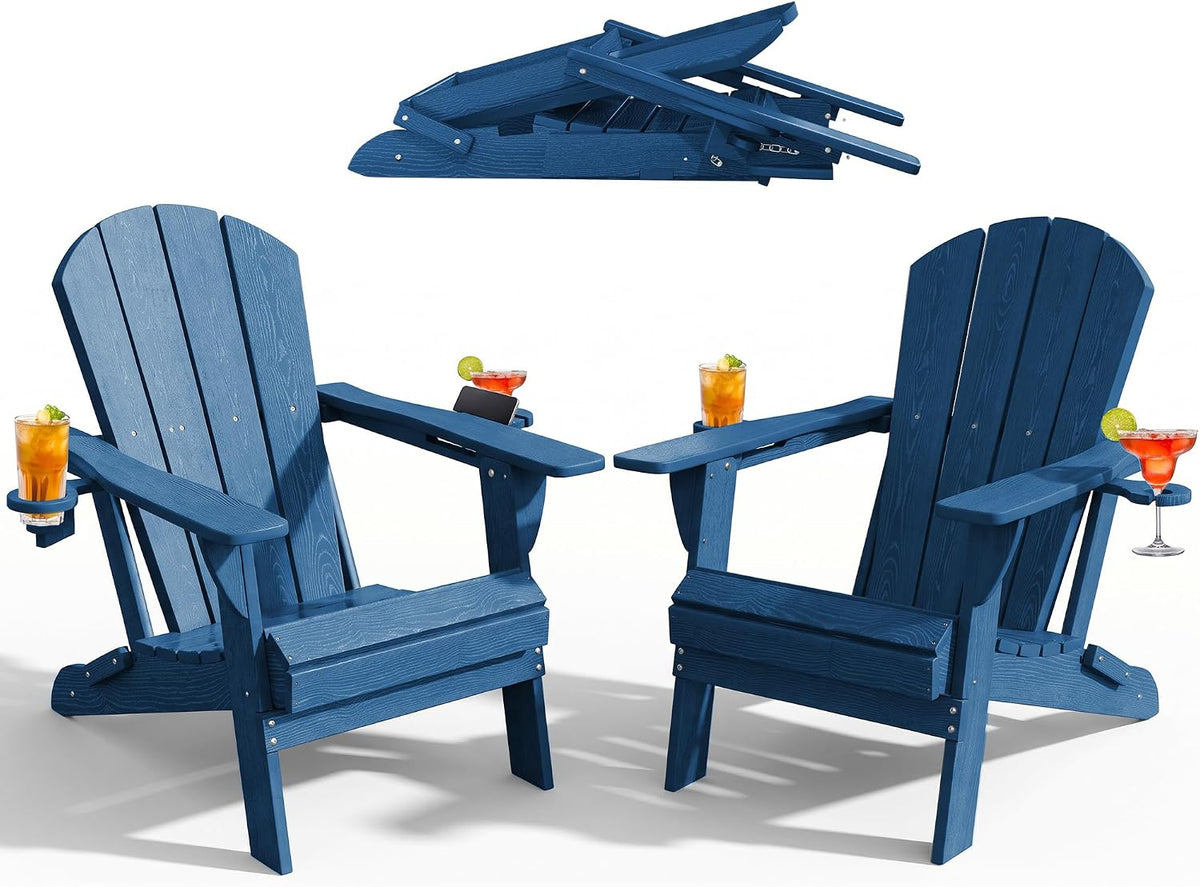PLUUV Folding Adirondack Fire Pit Chairs Set of 2 with Cup Holders,Navy