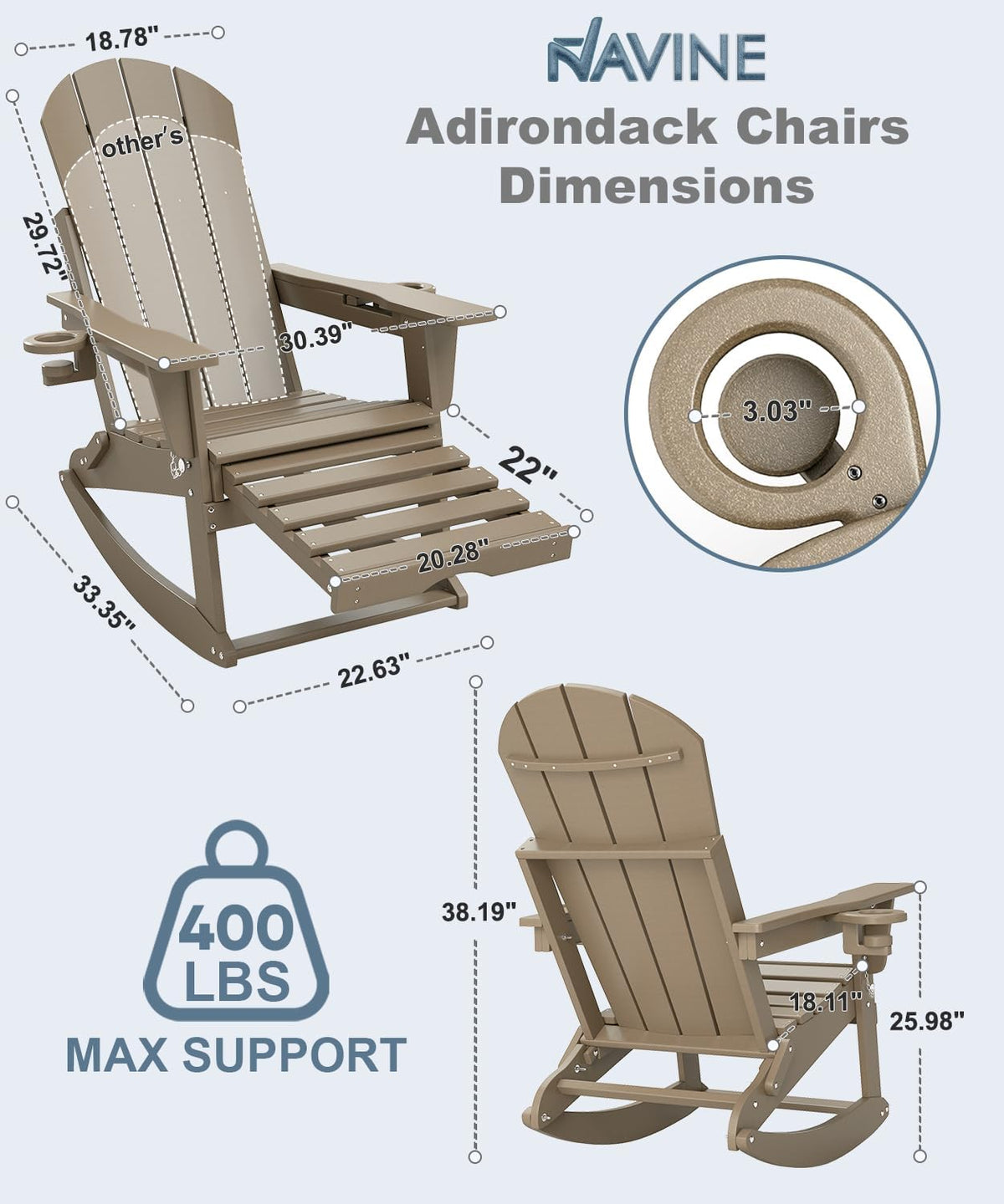 NAVINE Adirondack Rocking Chairs Set of 2 with Retractable Ottoman, Brown