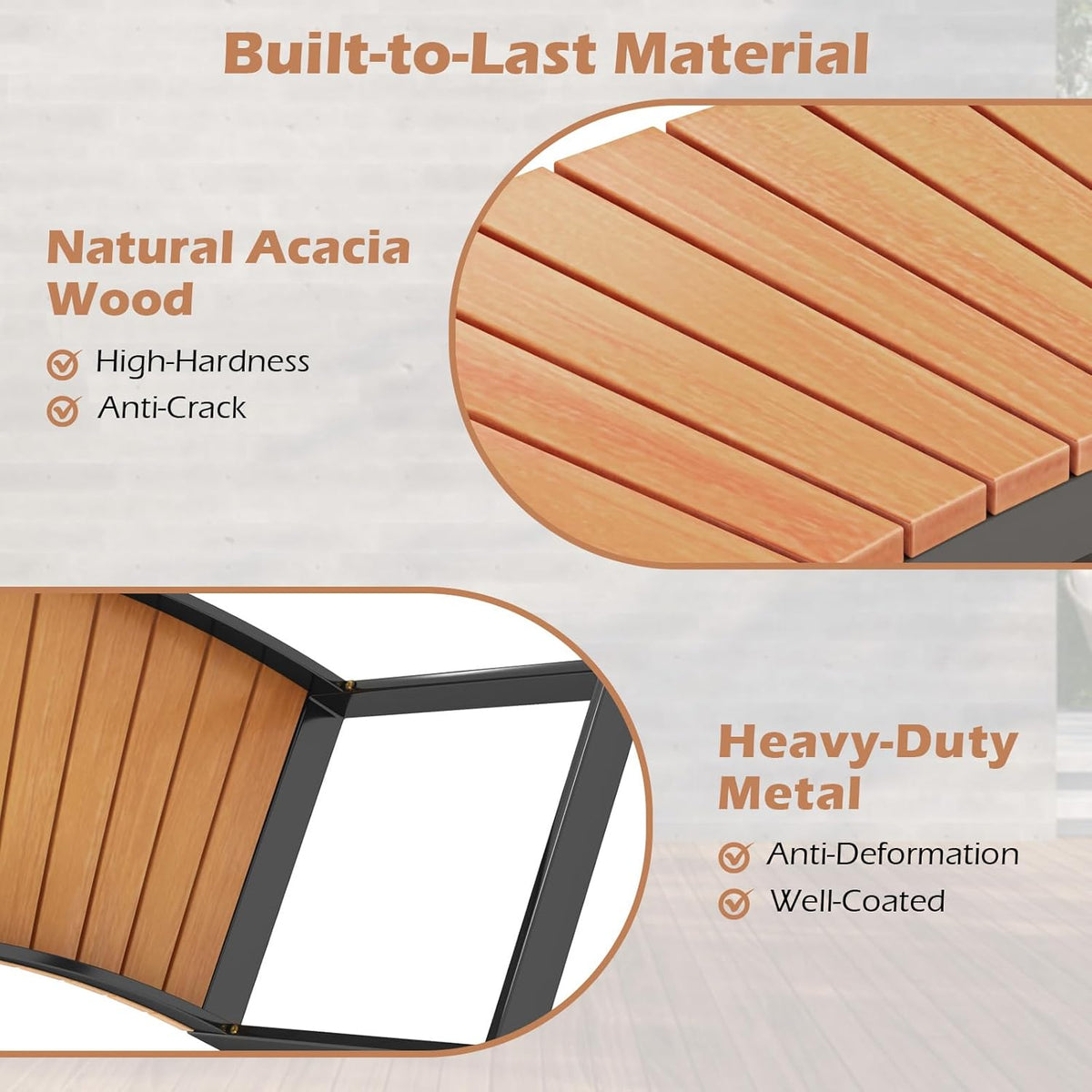 Tangkula Patio Curved Bench, Acacia Wood Fire Pit Bench w/Slatted Seat & Metal Legs, Outdoor Backless 2-Person Seating for Yard, Garden, Porch, 800 LBS Max Load, Oil Painted