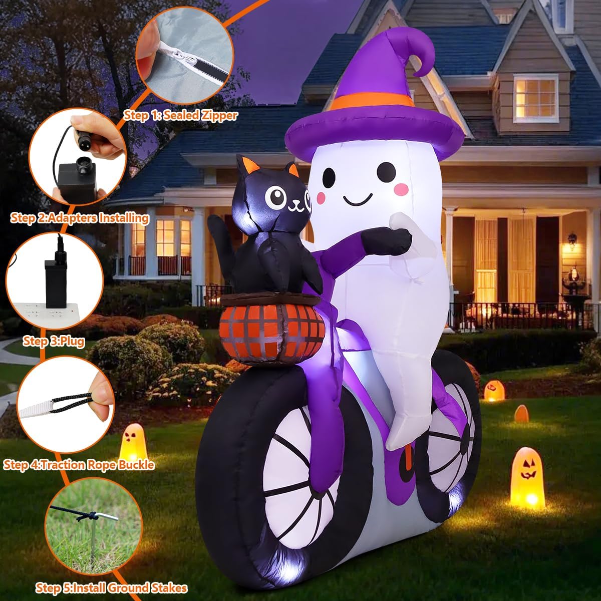 COMIN 5FT Halloween Inflatables Ghost Bike Black Cat Yard Decor with LEDs