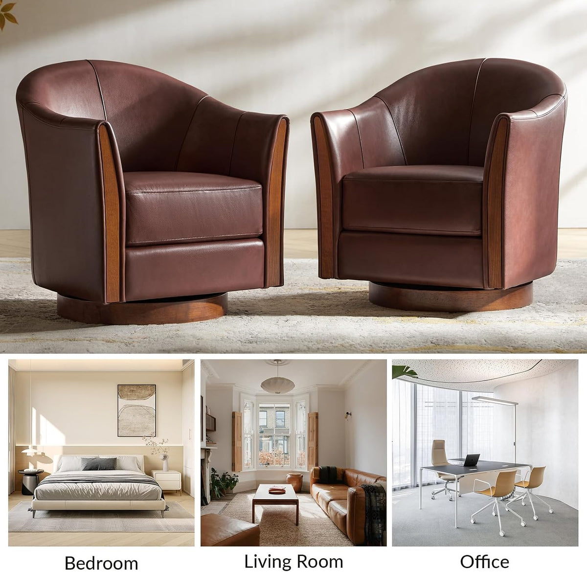 HULALA HOME Leather Swivel Accent Chairs with Wood Base Set of 2, Brown