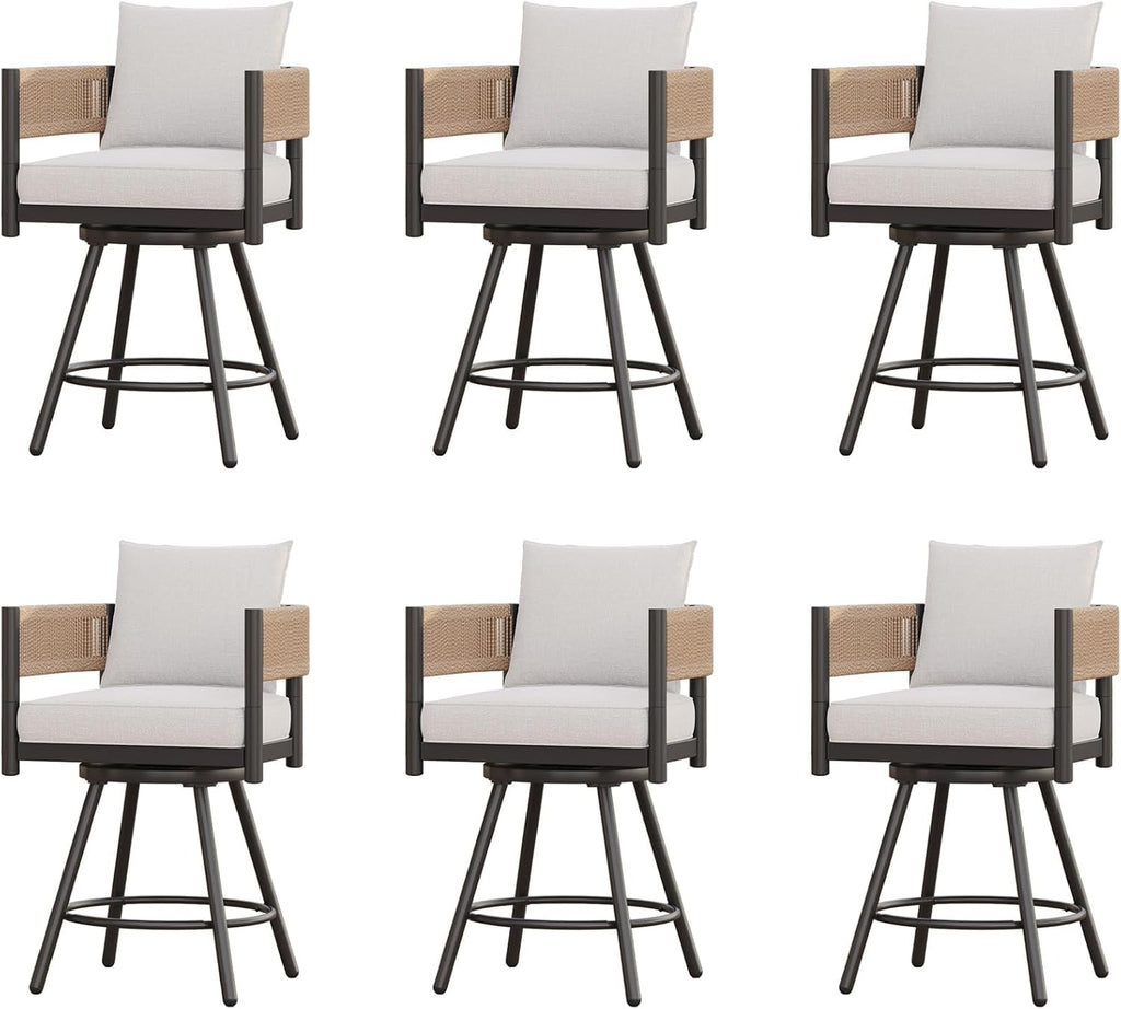 Grand patio Outdoor Swivel Bar Stools Set of 6, 26" Counter Height Swivel Chairs with Metal Frame, Curved Woven Wicker Backrest, Thickened Cushions for Patio, Deck, Balcony (Natural)