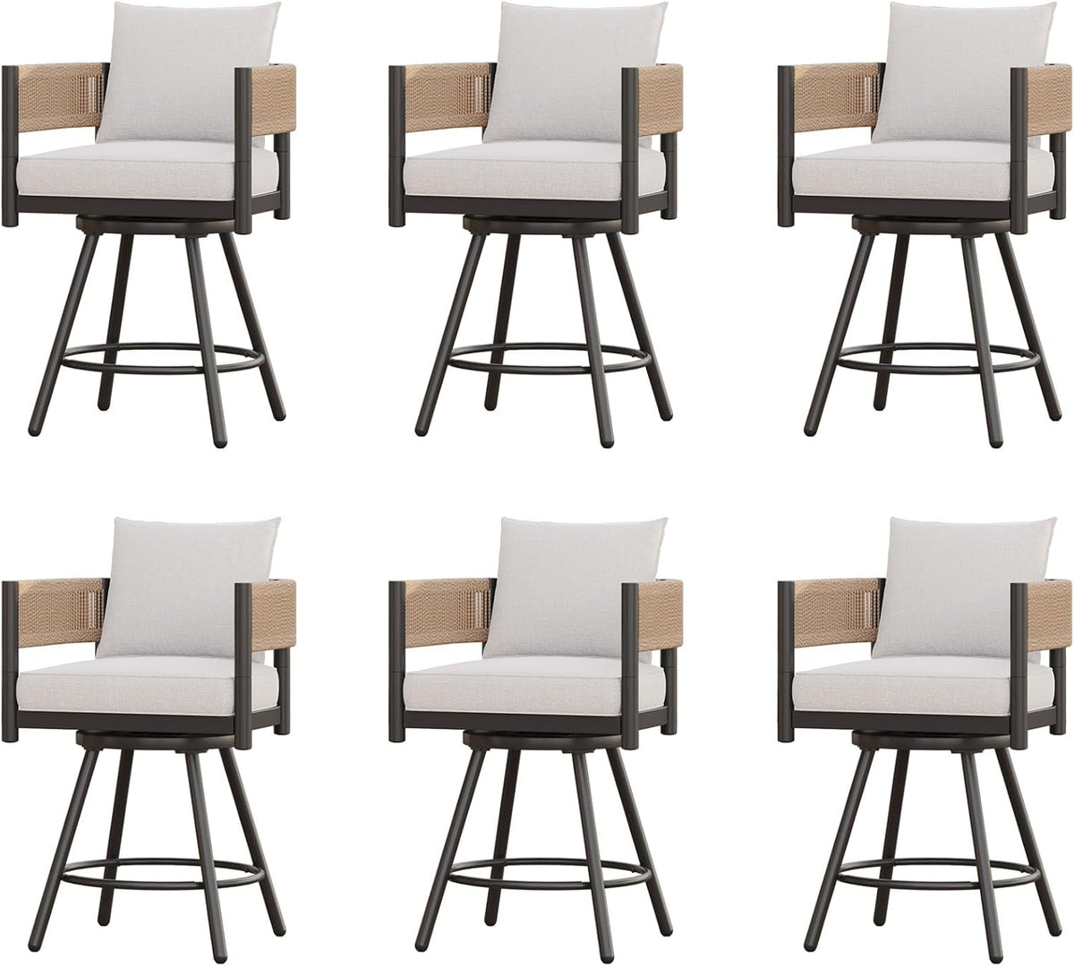 Grand patio Outdoor Swivel Bar Stools Set of 6, 26" Counter Height Swivel Chairs with Metal Frame, Curved Woven Wicker Backrest, Thickened Cushions for Patio, Deck, Balcony (Natural)