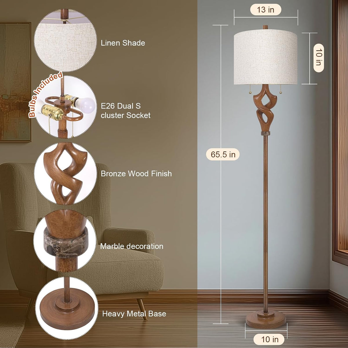 Scenekoy Pull Chains Sculptural 65.5” Floor Lamp for Living Room Bedroom