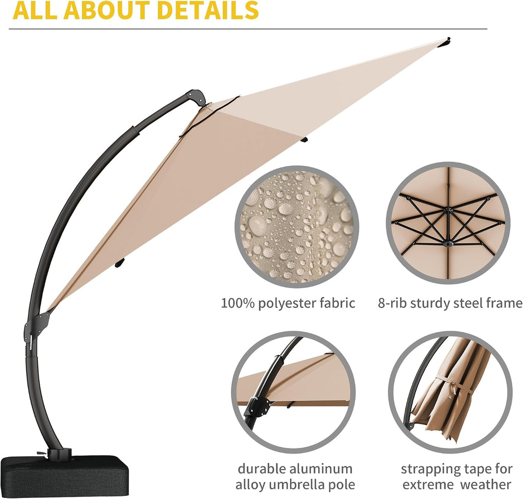 Kingdura 11ft Offset Cantilever Patio Umbrella with Base Included, Large Round Aluminum Outdoor Umbrella, 360° Rotation & Infinite Tilt, Heavy Duty Frame for Deck Pool Backyard, Beige