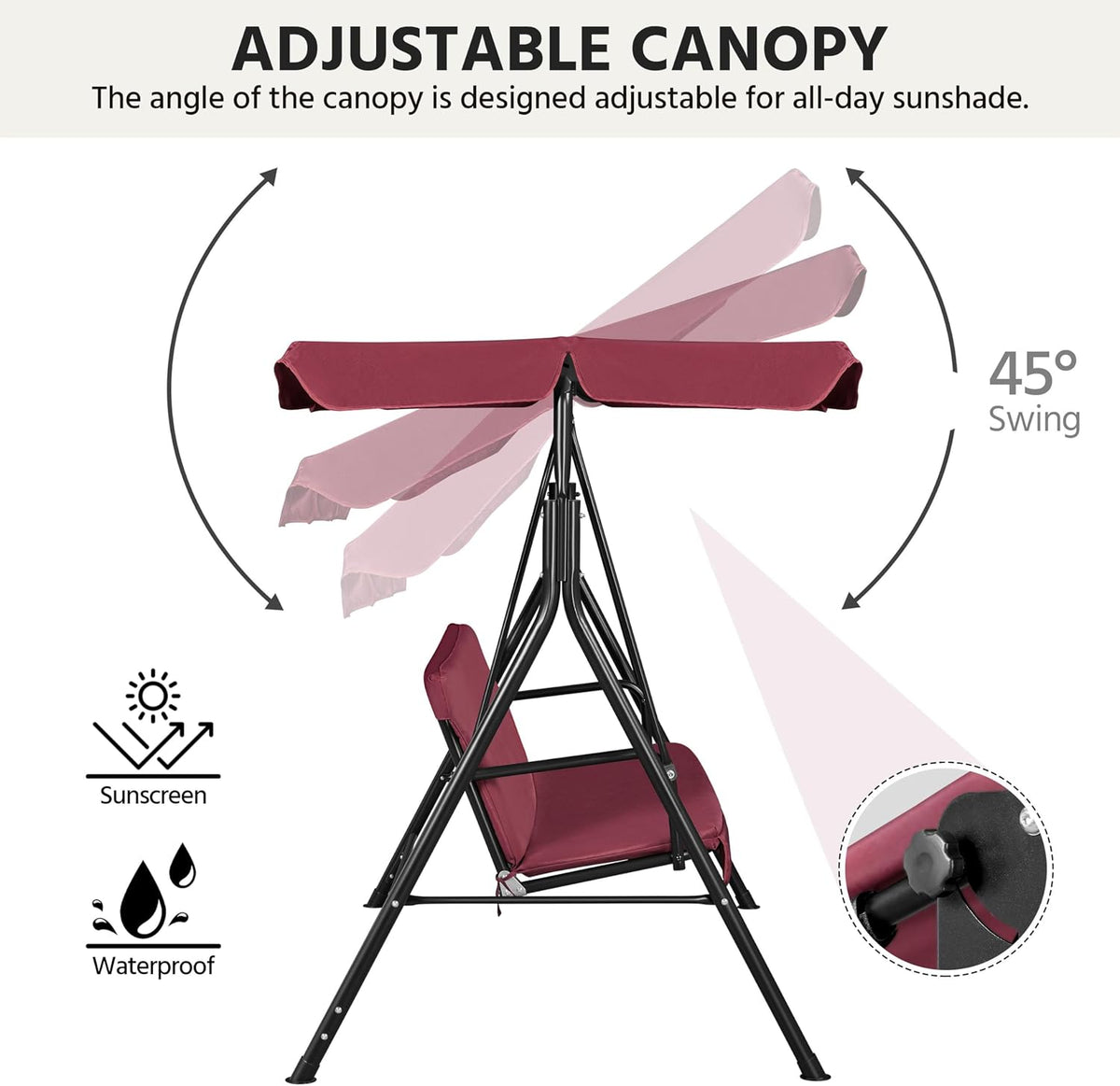Yaheetech 3-Seat Patio Swing Chair, Adjustable Canopy & Cushion, Burgundy