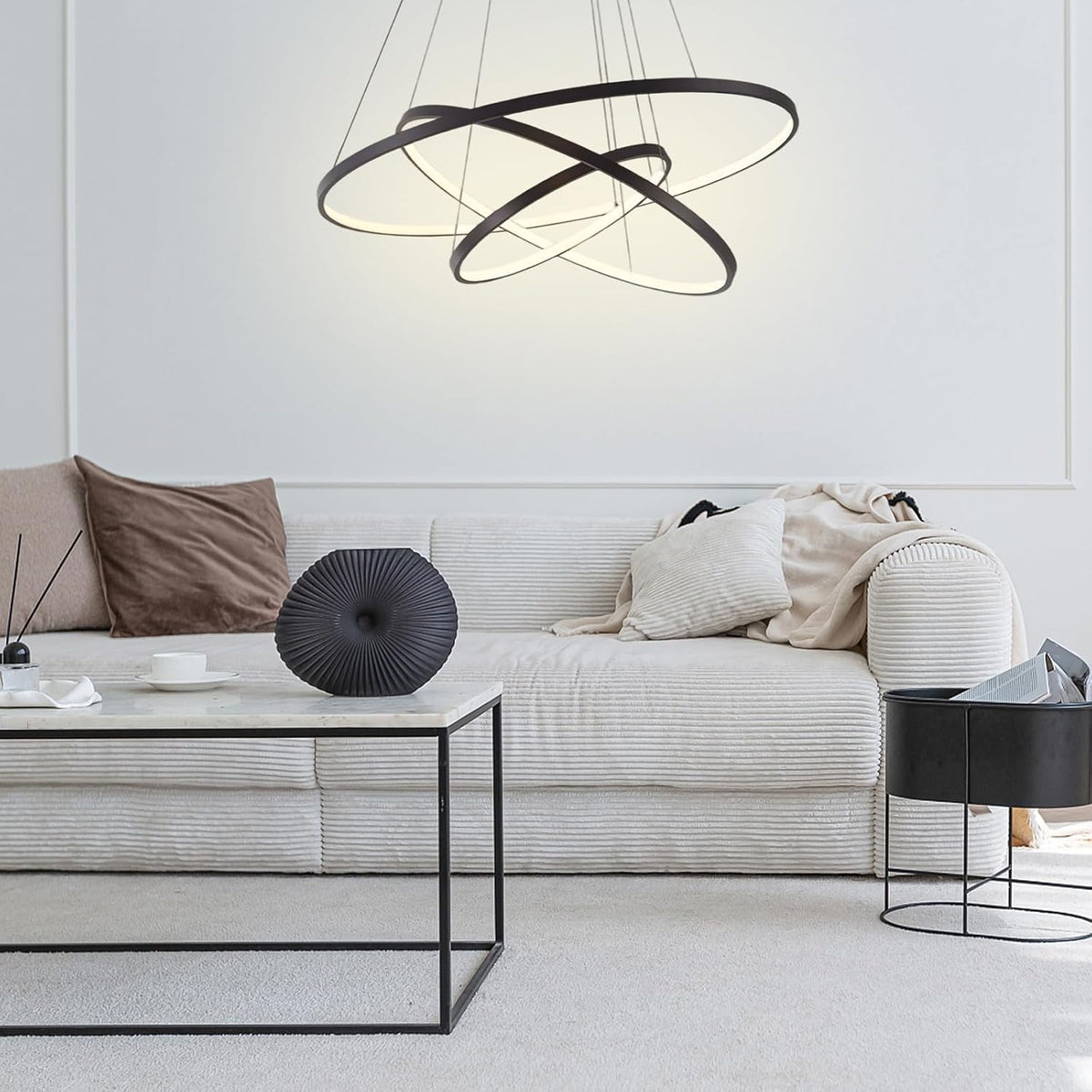 LightInTheBox Modern LED Pendant Light 3 Ring Chandeliers Black Circle Pendant Light Fixtures for Living Room Dinning Room Office (Light Source: Warm White)