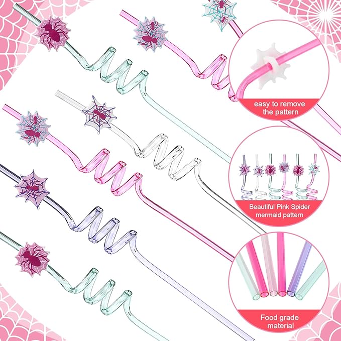 Yungyan 36 Sets Pink Spider Party Favors Goodie Cups with Lids and Straws for Halloween Party Decorations Reusable 16oz Plastic Candy Cups Plastic Straws for Birthday Gift (Pink Spider)