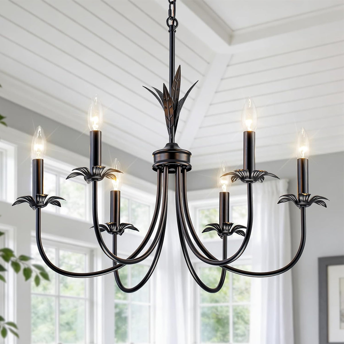 6-Light Flower Black Chandeliers for Dining Room, 26" Farmhouse Chandelier