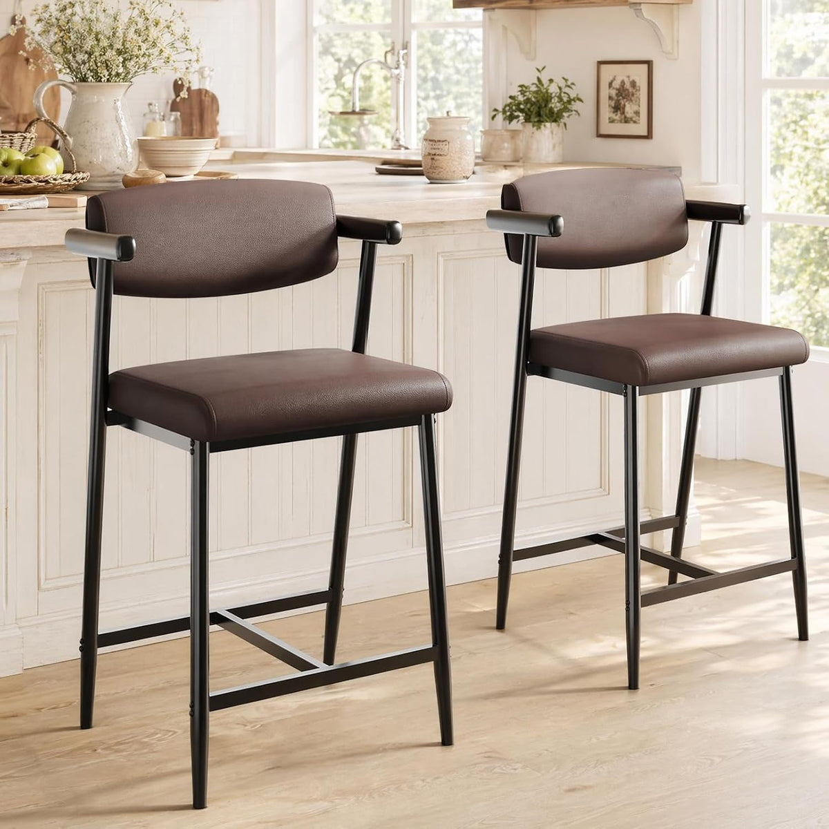 Garvee Bar Stools Set of 2 with Arms & Footrest, 2 Pcs Metal Modern Counter Height Barstools Set w/Wider Seat & Back, 26" Tall Bar Chairs for Kitchen Island, Counter Bar, Easy Assembly, Rustic Brown