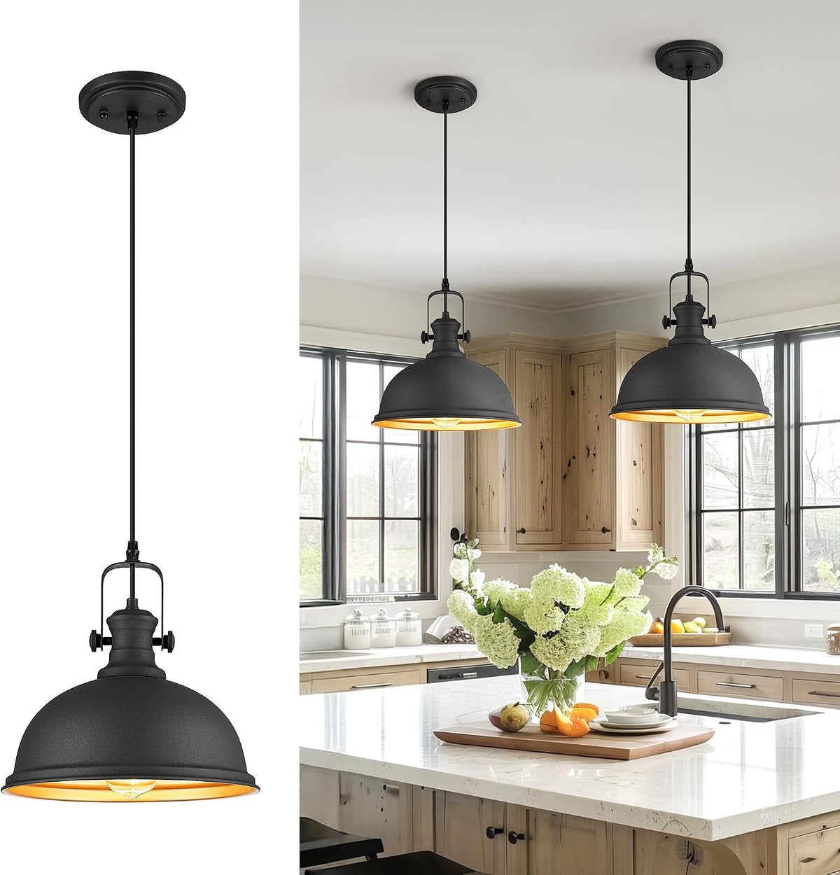 11.5" Matte Black Pendant Light for Kitchen Island, Metal Shade