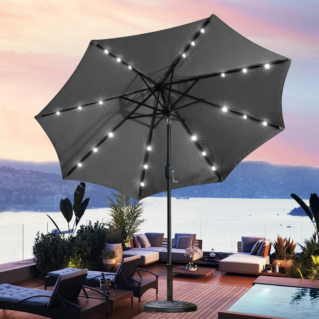 Sunnyglade 9' Solar LED Patio Umbrella, 8 Ribs, Tilt & Crank (Grey)