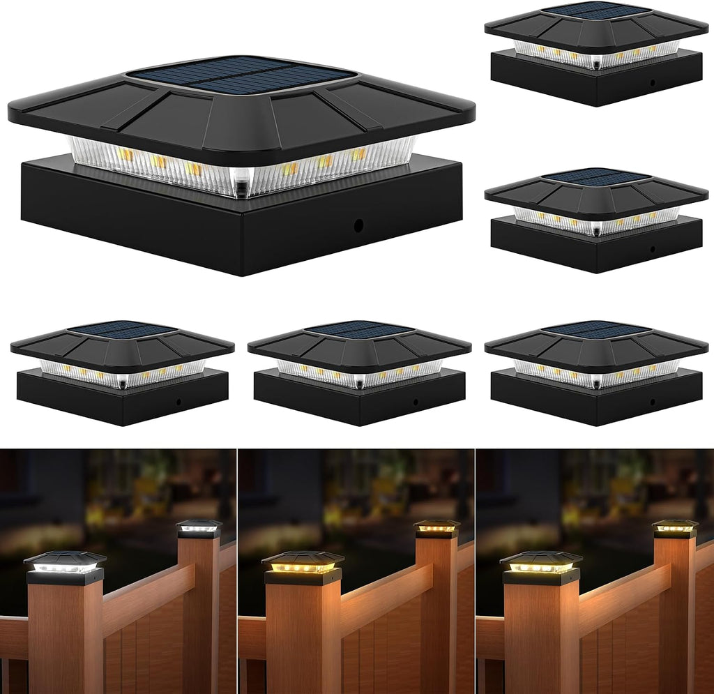 4x4 Solar Fence Post Cap Lights Outdoor Waterproof, 6 Pack, Black