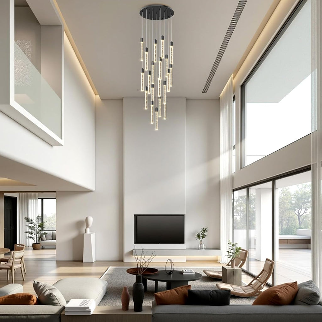 High Ceiling Crystal Staircase Chandelier: 20 Lights Black Foyer Lighting