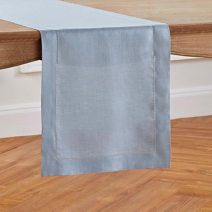 Solino Home Linen Dusty Blue Table Runner 48 Inches - Classic Hemstitch, 100% Pure Linen Coffee Table Runner 14 x 48 Inch Ideal for Dresser Tables - Fall, Autumn, Halloween, Thanksgiving