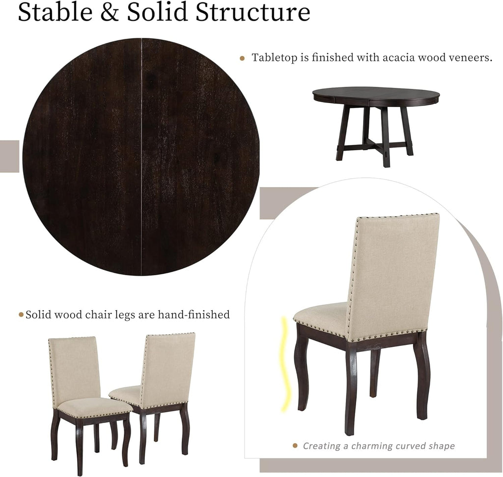 Harper & Bright Designs Round Kitchen Dining Table Set for 4, 5 Piece Farmhouse Wood Round Extendable Dining Table & 4 Upholstered Dining Chairs, Espresso (ST000074AAP-MZJ)